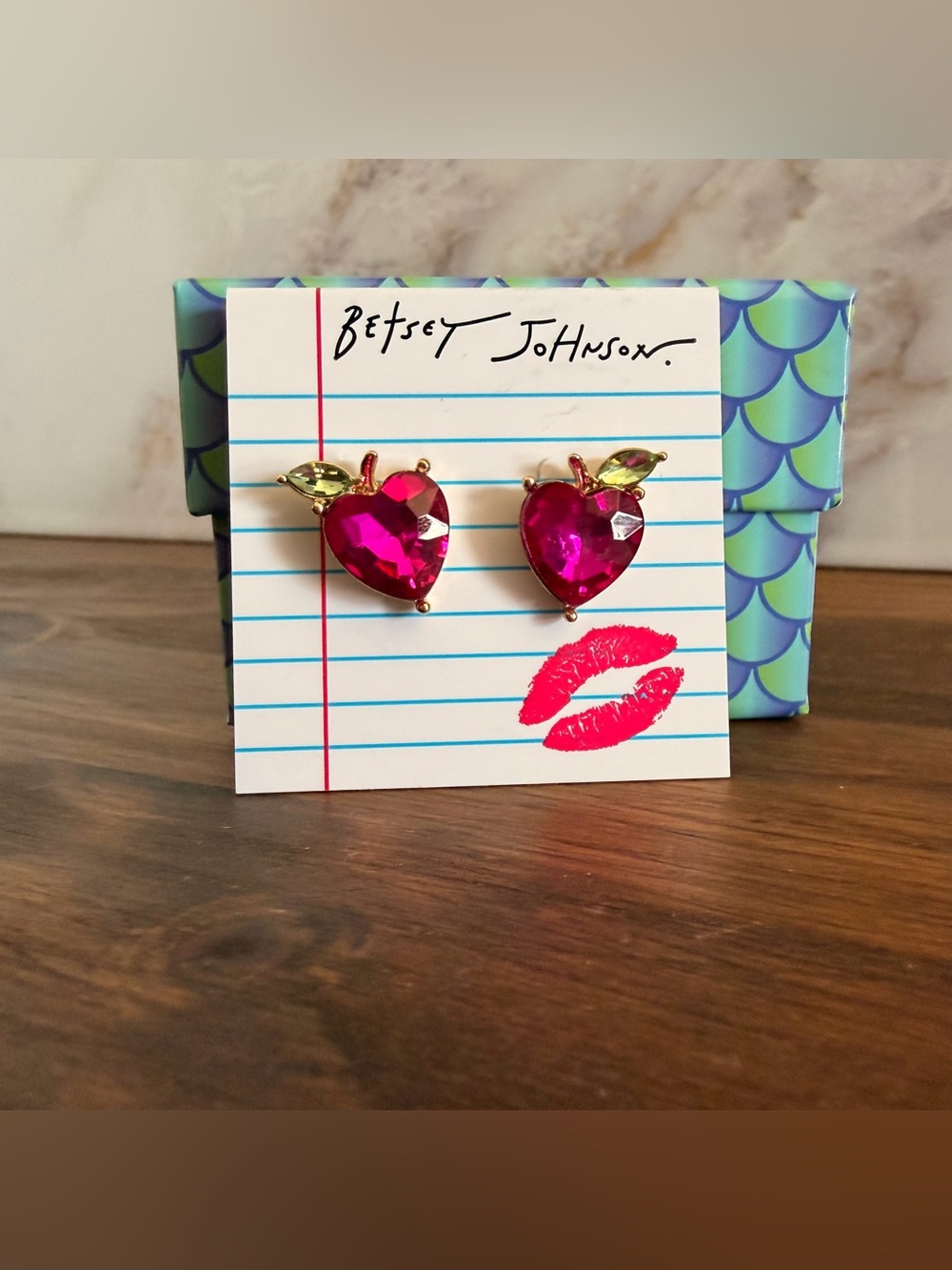 Betsey Johnson Fuchsia Apple Heart Crystal Stud Earrings with Gold Leaves - Picture 3 of 4